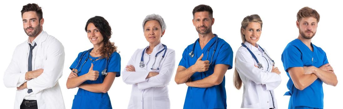 Successful group of doctors standing with arms crossed or giving thumbs up in a row isolated on white background