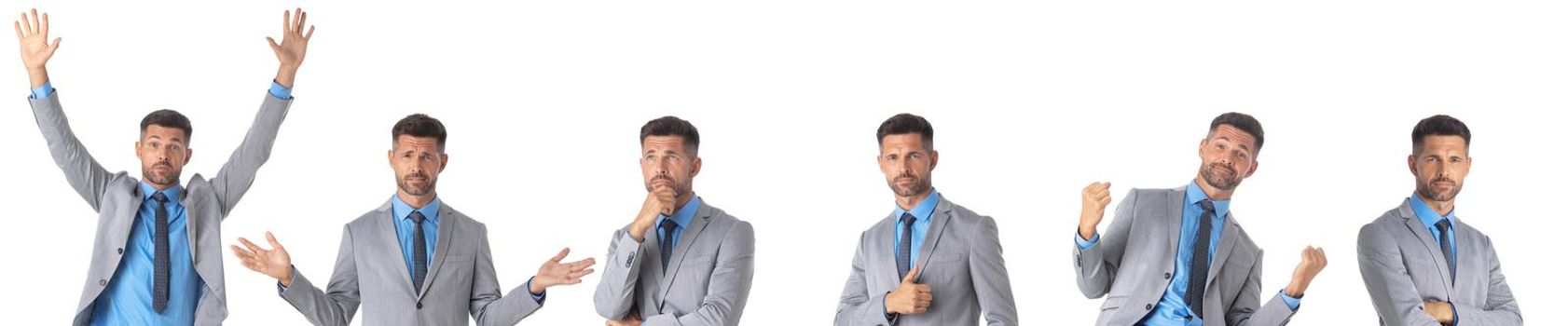 Set collection of portraits of one handsome business man showing different emotions isolated on white background