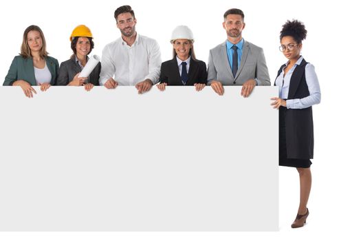 Group of happy architects and business people holding blank banner ad isolated on white background, copy space for your text content