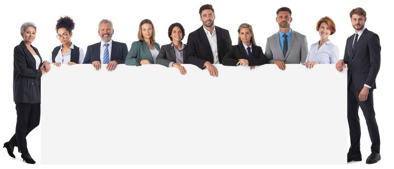Group of business people with empty banner. Isolated on white background, copy space for your text content