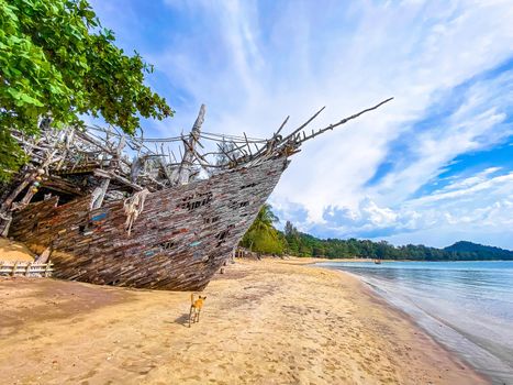 Old wooden pirate boat on the beach in Koh Phayam, Ranong, Thailand, south east asia