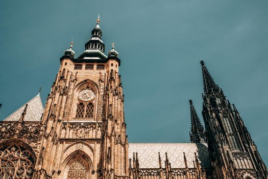 Exterior facade of St. Vitus cathedral in Prague Czech Republic. Architecture in gothic style, details of masterpiece religious building. High quality photo