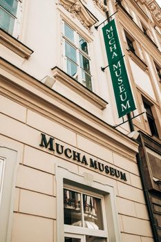 Prague, Czech Republic - July 2022. Alphonse Mucha Museum, facade of building. Gallery dedicated to renowned painter, illustrator, graphic artist. . High quality photo