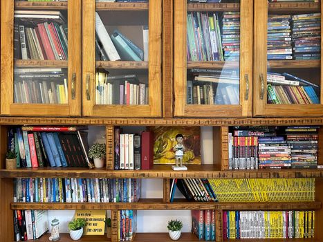 Shelves with books in a wooden cabinet with glass doors. High quality photo