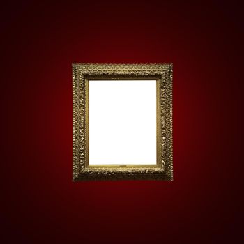 Antique art fair gallery frame on royal red wall at auction house or museum exhibition, blank template with empty white copyspace for mockup design, artwork concept