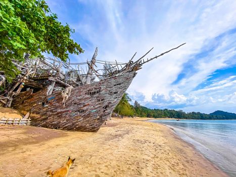 Old wooden pirate boat on the beach in Koh Phayam, Ranong, Thailand, south east asia