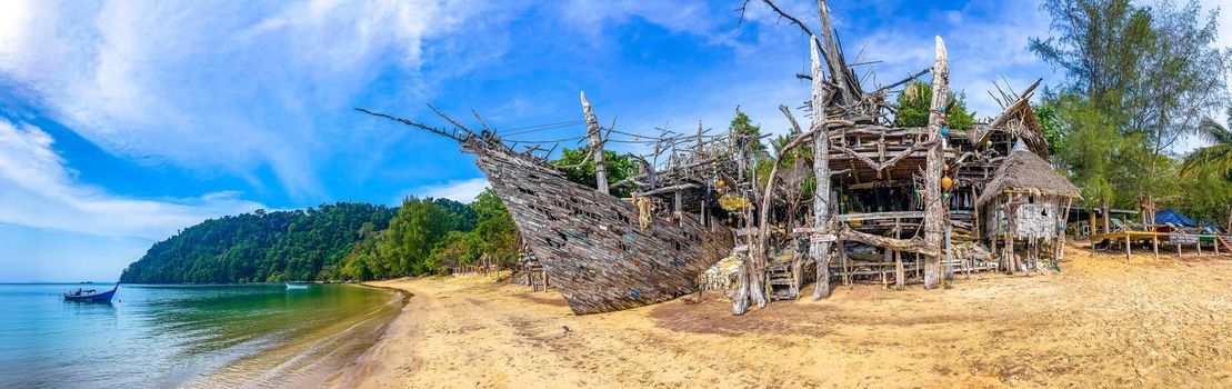 Old wooden pirate boat on the beach in Koh Phayam, Ranong, Thailand, south east asia