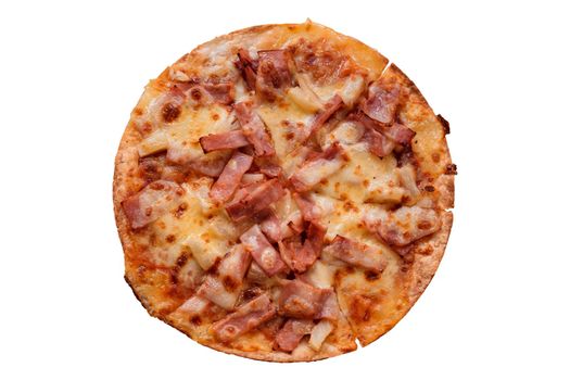 Top view of pizza on a wooden tray isolated on a white background.