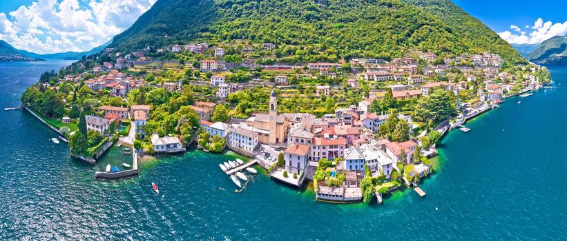 Town of Laglio on Como lake aerial panoramic view, Lombardy region of Italy
