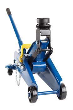 blue hydraulic car jack isolated on white background, 2 ton capacity, lifted up