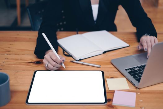 business woman holding digital tablet. Blank screen for your advertising