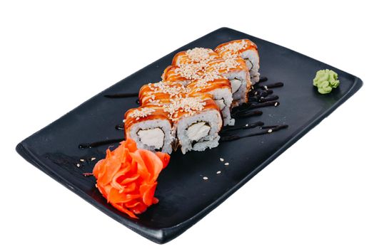 Japanese Cuisine - Sushi Roll with Shrimps and Conger, Avocado, Tobiko and Cheese. sushi rolls tempura,japanese food style