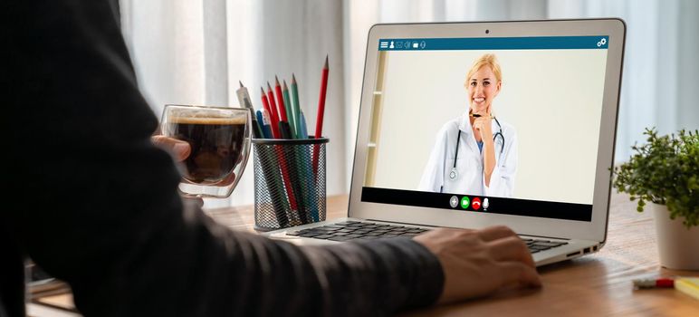 Doctor video call online by modish telemedicine software application for virtual meeting with patient