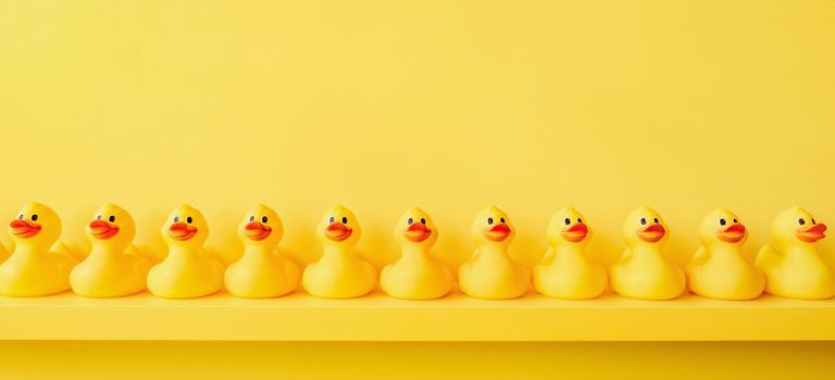 Banner yellow rubber duck background yellow ducks in a row. Rubber duck pattern yellow concept. Communication. Community. Organize. Rubber ducky bath toy duckling bathroom shelf toy design shelf decor