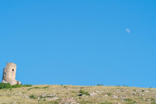 Crimea balaklava fortress flying bay cembalo balaclava mountain port sea, from landscape tourism in sevastopol for beautiful boat, view beach. Crimean stone panoramic,