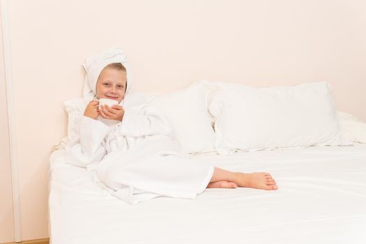 Coffee copyspace bed girl cell bathrobe white portrait cute people, for lifestyle hotel from happy from gown take, towel care. Head funny female,
