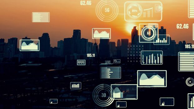 Business data analytic interface fly over smart city showing alteration future of business intelligence. Computer software and artificial intelligence are used to analyze big data for strategic plan .