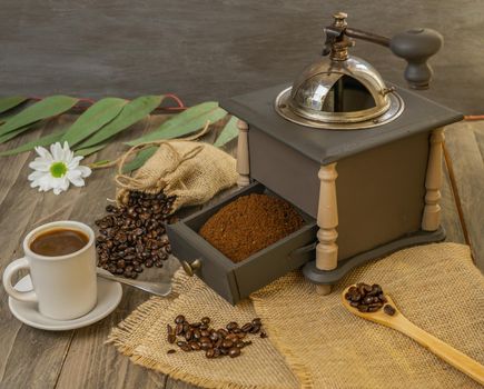 coffee beans and ground coffee with coffee grinder and flowers