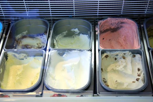 Assorted ice cream flavours on display in an ice cream parlour