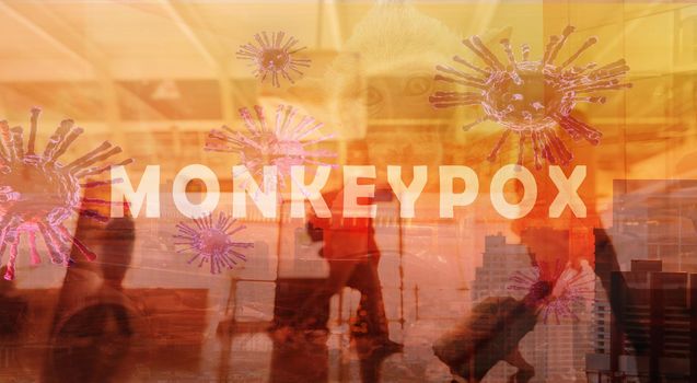 Monkeypox outbreak and travel concept. Monkeypox is caused by monkey pox virus. Tourists with baggage walking in the airport. Travel during virus outbreak.  Monkeys may harbor virus and infect people.