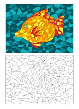 Black and White and Colored Illustration in stained glass style with abstract Fish. Image for Coloring Book, Coloring Page, Print, Batik and Window.