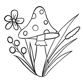 hand drawn illsutration of cute fungi amanita mushroom with wild forest grass plants berries. Black line coloring page, minimalist simple cartoon style