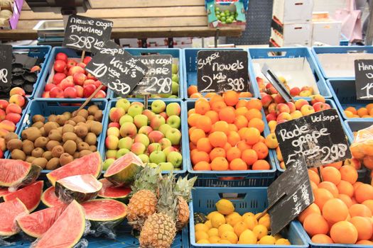 Fresh fruit on a market stalll (text on tags: names and prices of various fruits in Dutch, new harvest apples, special offer kiwi, fresh pompelmoes)