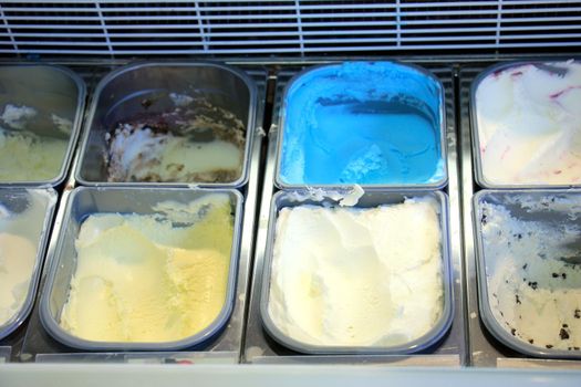 Assorted ice cream flavours on display in an ice cream parlour