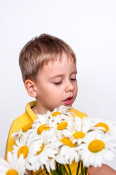 A cute boy with a beautiful bouquet of large daisies. Portrait of a child, funny and cute facial expression. Selective focus. A postcard for the celebration of the day of family, love and fidelity.