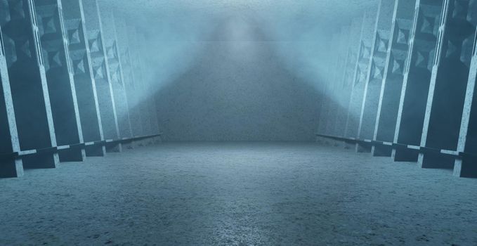 Abstract Scene Huge Virtual Showroom Club Hallway With Light And Smoke Light Blue Turquoise Background Wallpaper 3D Render