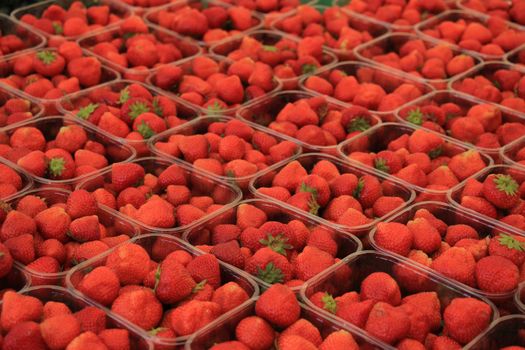 Strawberries in small plastic containers on a market stall