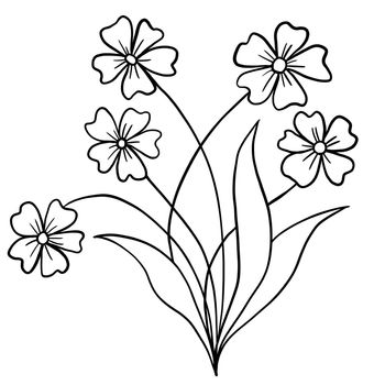 Hand drawn floral flower leaves illustration, black white elegant wedding ornament, Line art minimalism tatoo style design summer spring nature branch foliage blossom