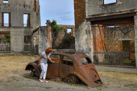 Destroyed cars and buildings during World War 2 in Oradour sur Glane France