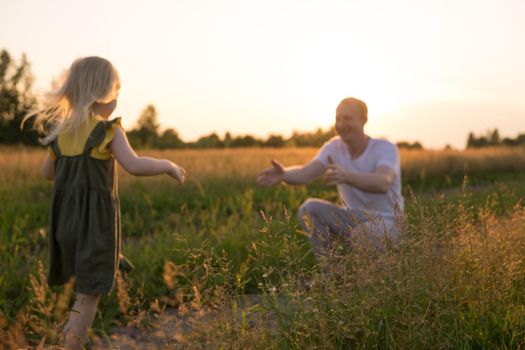 Dad and his blonde daughter are walking and having fun in a chamomile field. The concept of Father's Day, family and nature walks.