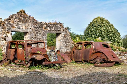Destroyed cars during World War 2 in Oradour sur Glane France