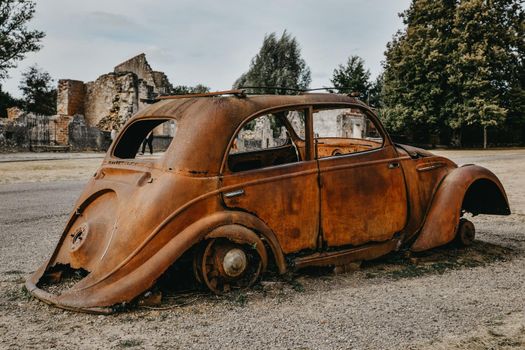 Destroyed cars during World War 2 in Oradour sur Glane France