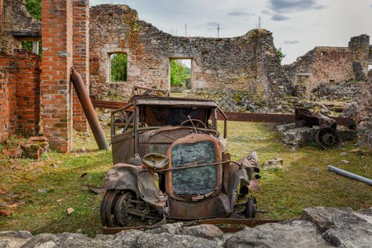 Destroyed cars during World War 2 in Oradour sur Glane France