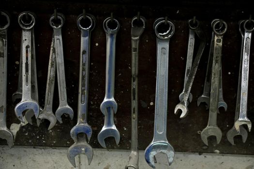 Tools in a repair shop, socket wrenches in various sizes