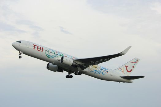 Amsterdam the Netherlands - July 6th, 2017:HB-JJF TUI Airlines Netherlands Boeing 767-300 takeoff from Polderbaan runway, Amsterdam Schiphol Airport