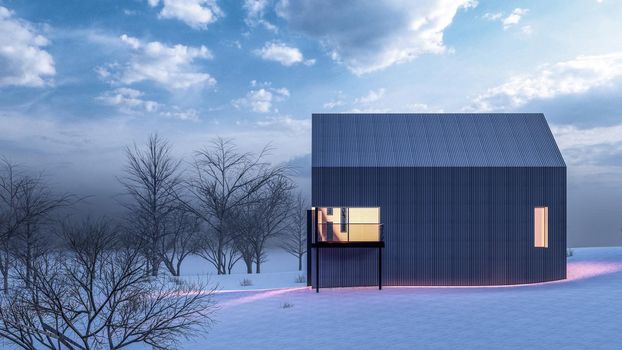 3D rendering illustration of modern house with snow landscape