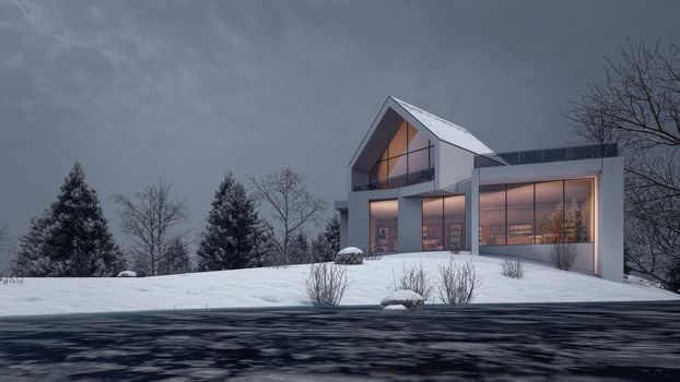 3D rendering illustration of modern house with snow landscape