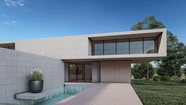 3D rendering illustration of modern house with swimming pool