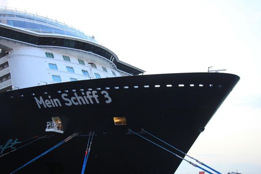 Amsterdam, The Netherlands - May 11th 2017: Mein Schiff 3 TUI Cruises docked at Passenger Terminal Amsterdam, detail of bow