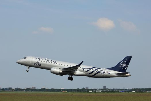 Amsterdam, the Netherlands  -  June 2nd, 2017: PH-EZX KLM Cityhopper Embraer ERJ-190STD taking off from Polderbaan Runway Amsterdam Airport Schiphol