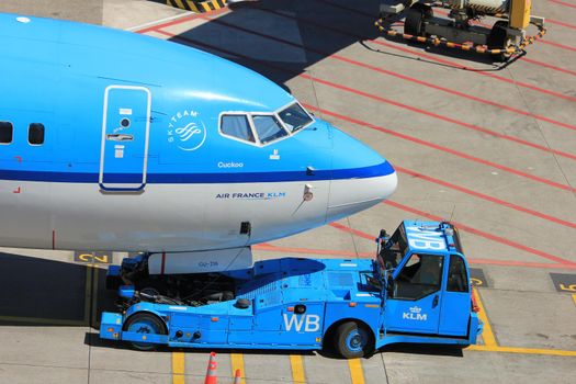 Amsterdam The Netherlands -  May 26th 2017: KLM Boeing 737 parked at gate at Schiphol International Airport