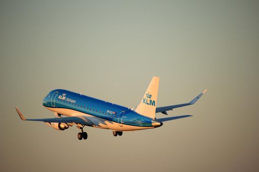 Amsterdam, the Netherlands  -  June 2nd, 2017: PH-EXJ KLM Cityhopper Embraer ERJ-175STD taking off from Polderbaan Runway Amsterdam Airport Schiphol