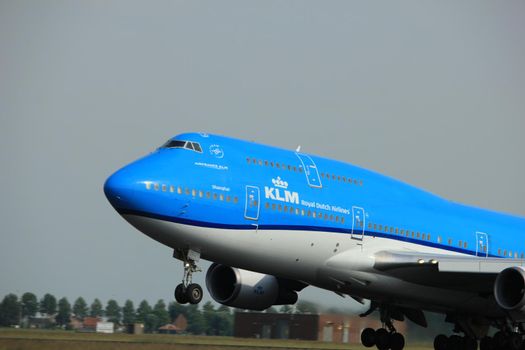 Amsterdam, the Netherlands  -  June 2nd, 2017: PH-BFW KLM Royal Dutch Airlines Boeing 747-400M taking off from Polderbaan Runway Amsterdam Airport Schiphol