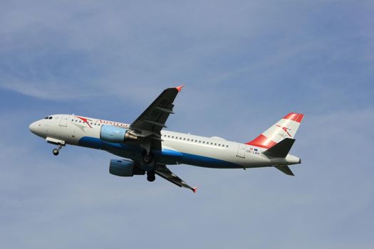 Amsterdam, the Netherlands  -  June 2nd, 2017: OE-LBK Austrian Airlines Airbus A320 taking off from Polderbaan Runway Amsterdam Airport Schiphol