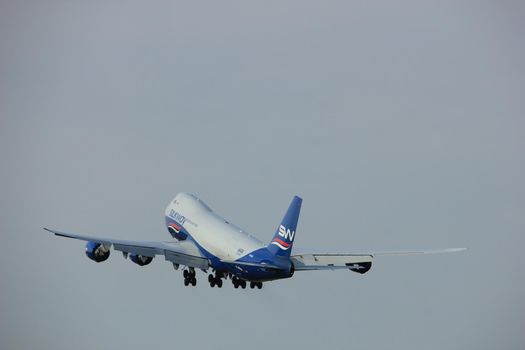 Amsterdam, the Netherlands  -  June 2nd, 2017: VQ-BWY Silk Way West Airlines Boeing 747 taking off from Polderbaan Runway Amsterdam Airport Schiphol