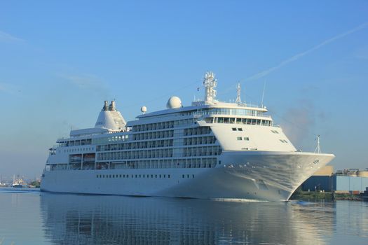 Velsen, The Netherlands - June 18th 2017: Silver Whisper- Silversea Cruises on North Sea Channel towards Amsterdam Cruise terminal